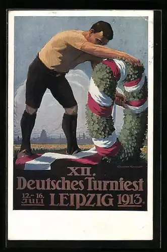 Künstler-AK Leipzig, XII. Deutsches Turnfest 1913, Turner bindet den Festkranz