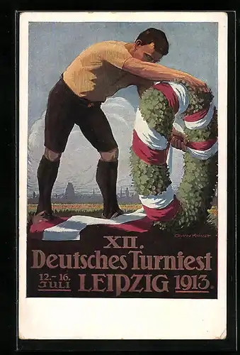 Künstler-AK Leipzig, XII. Deutsches Turnfest 1913, Turner bindet den Festkranz