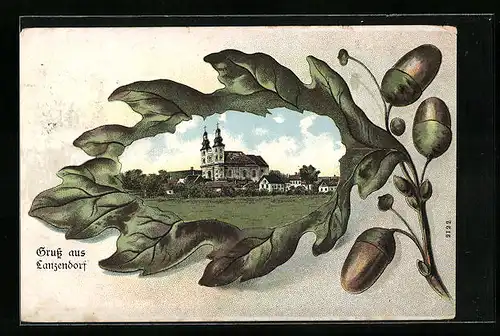 Lithographie Lanzendorf, Blick auf Kirche