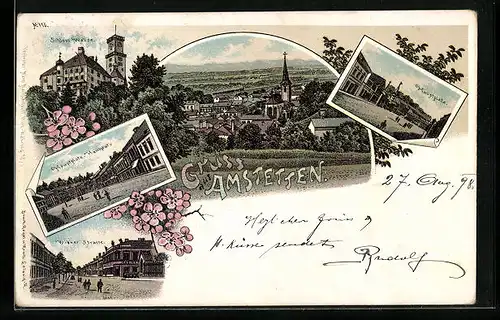 Lithographie Amstetten, Schloss Wallse, Wiener Strasse, Hauptplatz