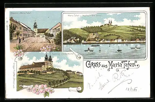 Lithographie Maria Taferl, Bussweg mit der Kirche, Fluss mit Schiffen
