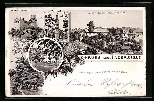 Lithographie Hadersfeld, Schloss, Greifenstein Ruine, Obelisk