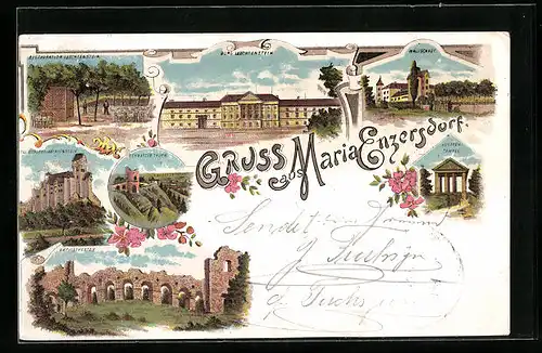 Lithographie Maria Enzersdorf, Schloss Liechtenstein, Restauration, Amphietheater