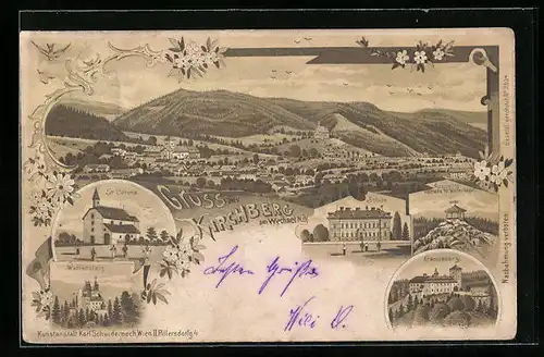 Lithographie Kirchberg am Wechsel, St. Corona Kirche, Schule, Kranichberg