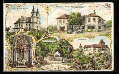Lithographie M. Drei Eichen, Rosenburg, Kirche, Heinrich Förster`s Bier und Kaffeehaus