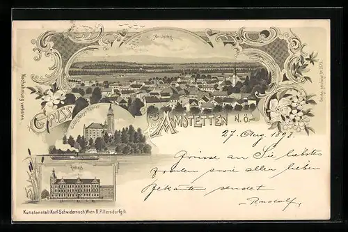 Lithographie Amstetten, Rathaus, Schloss Wallsee a. Donau