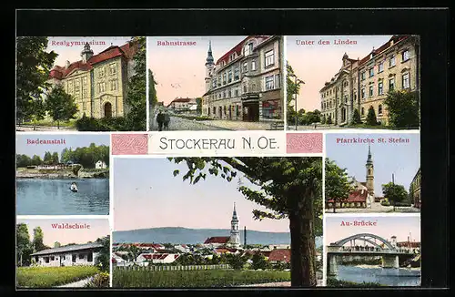 AK Stockerau, Badeanstalt, Realgymnasium, Bahnstrasse