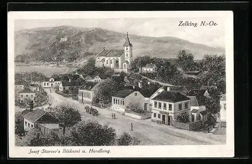 AK Zelking, Ortsansicht mit Kirche u. Josef Starzers Bäckerei u. Handlung