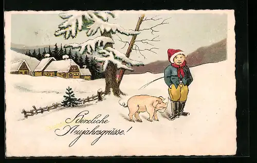 AK Knabe mit Schwein an Leine im Schnee, Neujahrsgruss