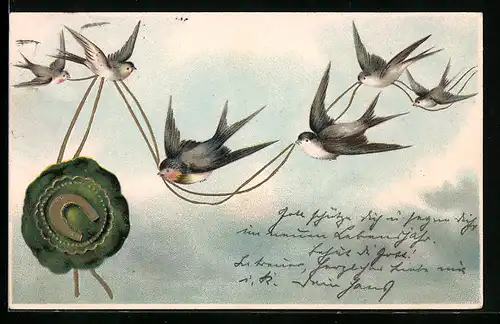 Lithographie Fliegende Schwalben mit Hufeisen-Siegel