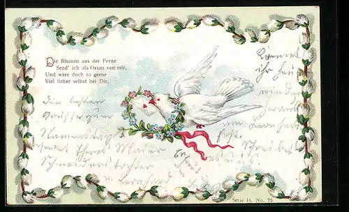 Lithographie Brieftaube mit Blumenkranz