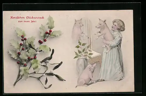 AK Mädchen mit drei Schweinen, Ilex und Mistel