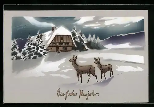 AK Rehe in Winterlandschaft, Neujahrsgruss