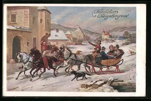 AK Pferdeschlitten trifft in winterlicher Ortschaft ein, Neujahrsgruss