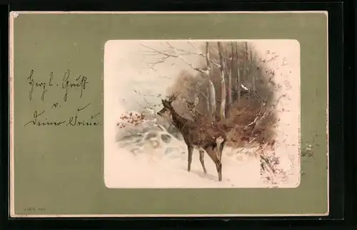 Lithographie Rehe im winterlichen Wald