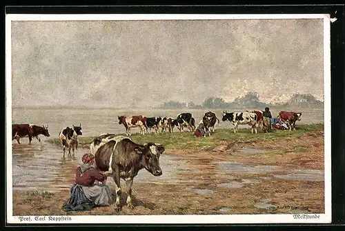 AK Melkende Bäuerin und Kuhherde in Flusslandschaft