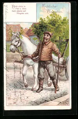 Lithographie Bauer mit Pferdegespann, Pfingstgruss