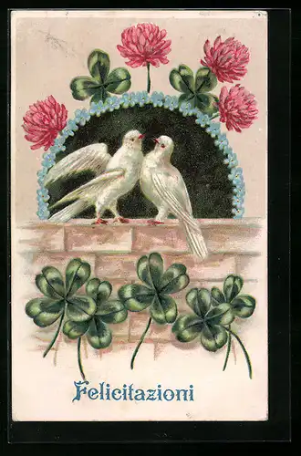 Präge-AK Weisses Taubenpaar und Glücksklee