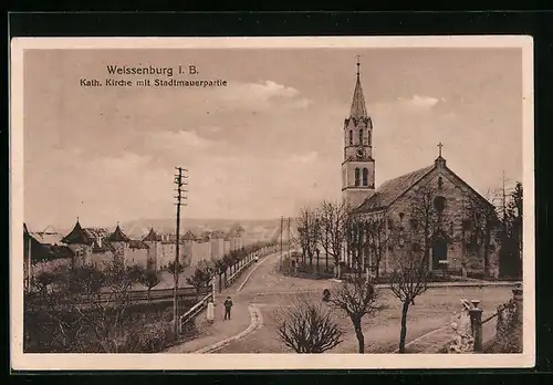 AK Weissenburg i. B., Kath. Kirche mit Stadtmauer