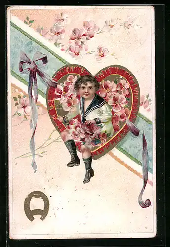 AK Junge sitzt im Herz voller Blüten