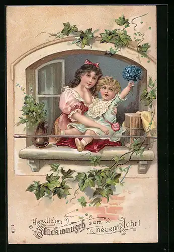 AK Dame mit Kind am Fenster, Glückwunsch zum neuen Jahr