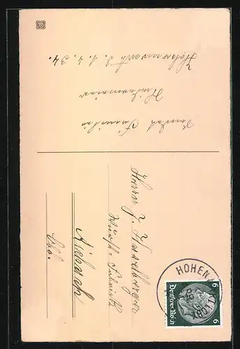 AK Osterküken mit Osterei und Blumen