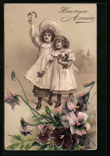 Präge-AK Heureuse Année, Kinder mit Kleeblättern und Hufeisen