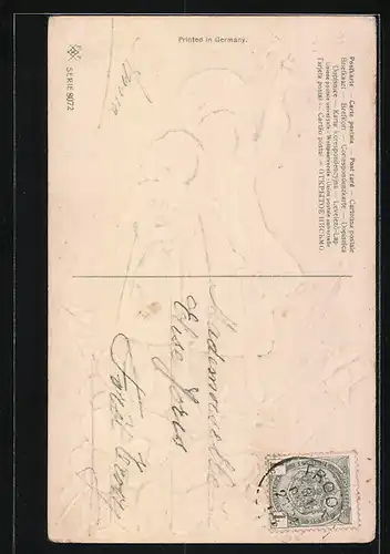 Präge-AK Heureuse Année, Kinder mit Kleeblättern und Hufeisen