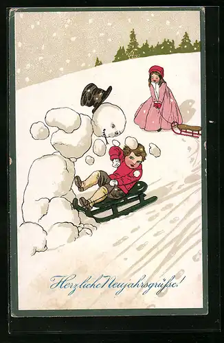 AK Junge mit Schlitten überfährt einen Schneemann