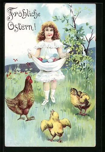 AK Mädchen mit Ostereiern, Hahn und Osterküken
