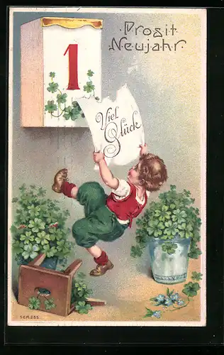 AK Junge reisst Kalenderblatt ab, Kleeblatt