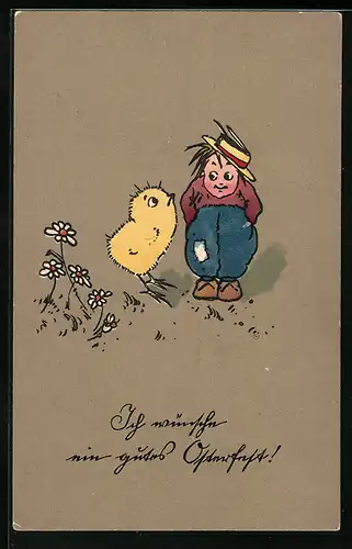 AK Junge mit Osterküken und Blumen