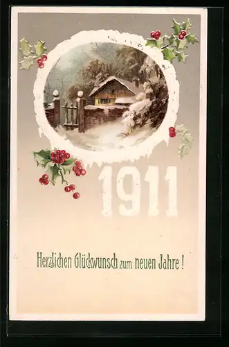 Präge-AK Jahreszahl 1911, Verschneite Dorflandschaft