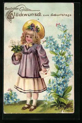AK Mädchen mit Blumen zum Geburtstag
