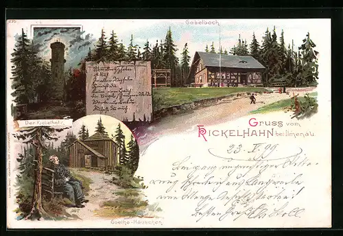 Lithographie Ilmenau, Gasthaus Kickelhahn, Gabelbach, Turm