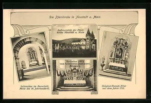 AK Neustadt a. M., Pfarrkirche, Aussen- und Innenansichten