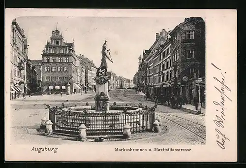 AK Augsburg, Markusbrunnen und Maximiliansstrasse