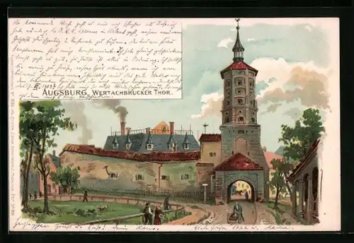 Lithographie Augsburg, am Wertachbrucker Tor