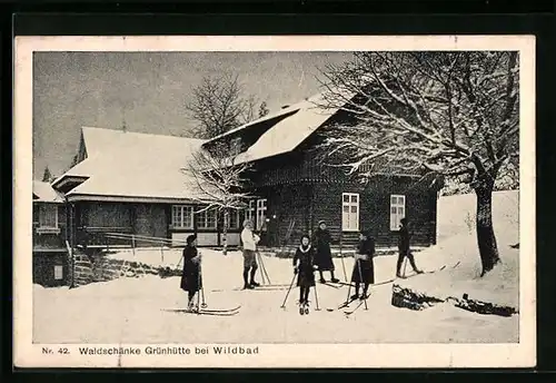 AK Wildbad, Gasthaus Waldschänke Grünhütte mit Skiläufer im Winter