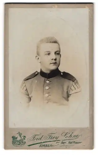 Fotografie Ferd. Frey, Amberg, Soldat des Musikcorps mit Schwalbennestern in Uniform