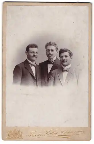 Fotografie Friedr. Kolby, Zwickau i. S., Äuss. Plauensche-Strasse, Drei Herren im Anzug mit Fliege