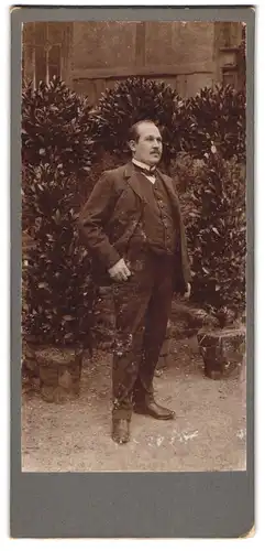 Fotografie unbekannter Fotograf und Ort, Herr mit Schnurrbart im Dreiteiler vor Topfpflanzen
