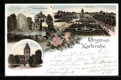 Lithographie Karlsruhe, Schloss, Schlossgartensee, Schlossthurm
