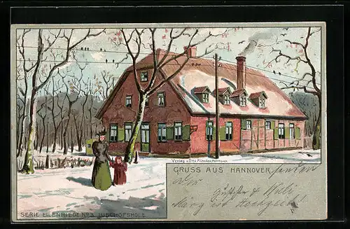 Lithographie Hannover-Eilenriede, Gasthaus Bischofshole im Winter