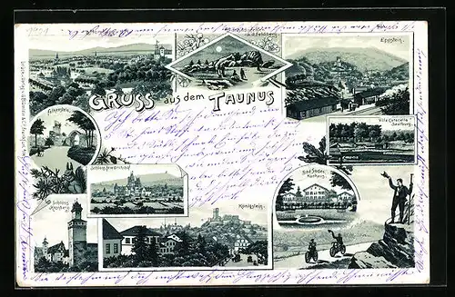 Lithographie Eppstein, Schloss Kronberg, Falkenstein, Villa Catacalla Saalburg, Bad Soden, Königstein