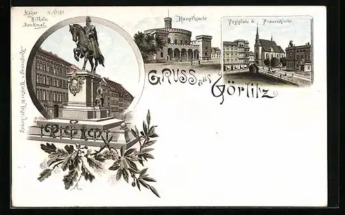 Lithographie Görlitz, Hauptwache, Postplatz & Frauenkirche, Kaiser Wilhelm Denkmal
