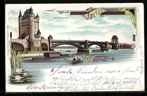 Lithographie Worms /Rhein, Ansicht der Ernst-Ludwigbrücke