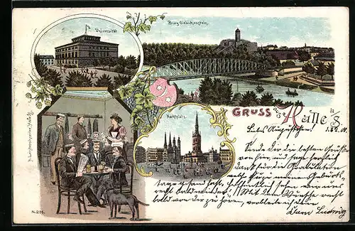 Lithographie Halle /Saale, Universität, Burg Giebichenstein, Marktplatz