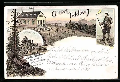 Lithographie Feldberg /Taunus, Restauration von Fr. Sturm, Brunhilden Felsen, Wanderer in Tracht
