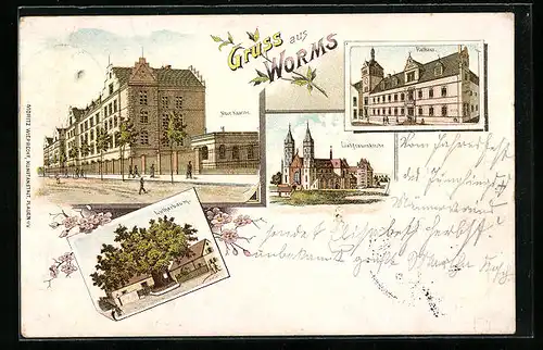Lithographie Worms, Lutherbaum, Neue Kaserne, Rathaus, Liebfrauenkirche